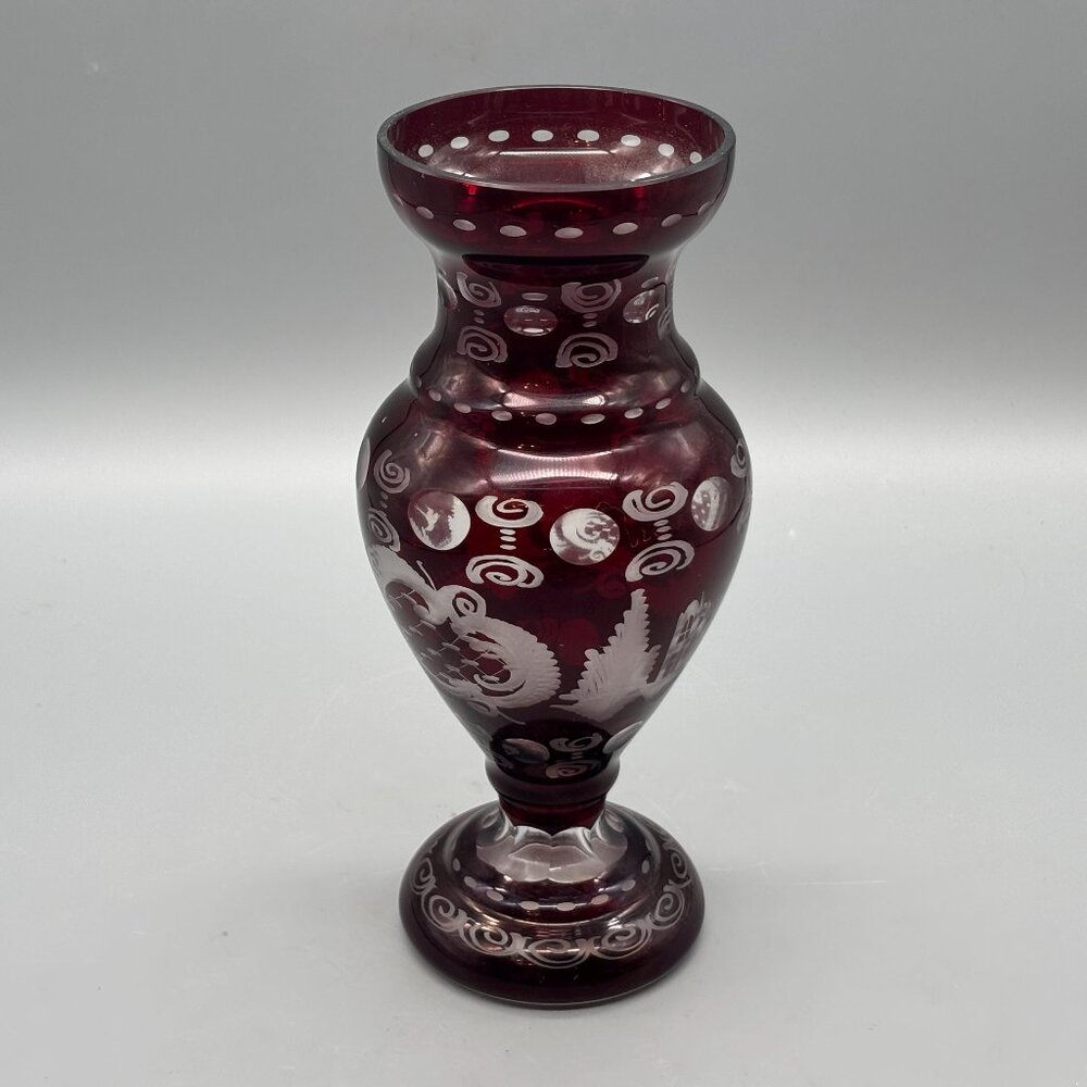 Vintage Cut to Clear Bohemian Egerman Ruby Red Etched Glass Bird Castle Vase